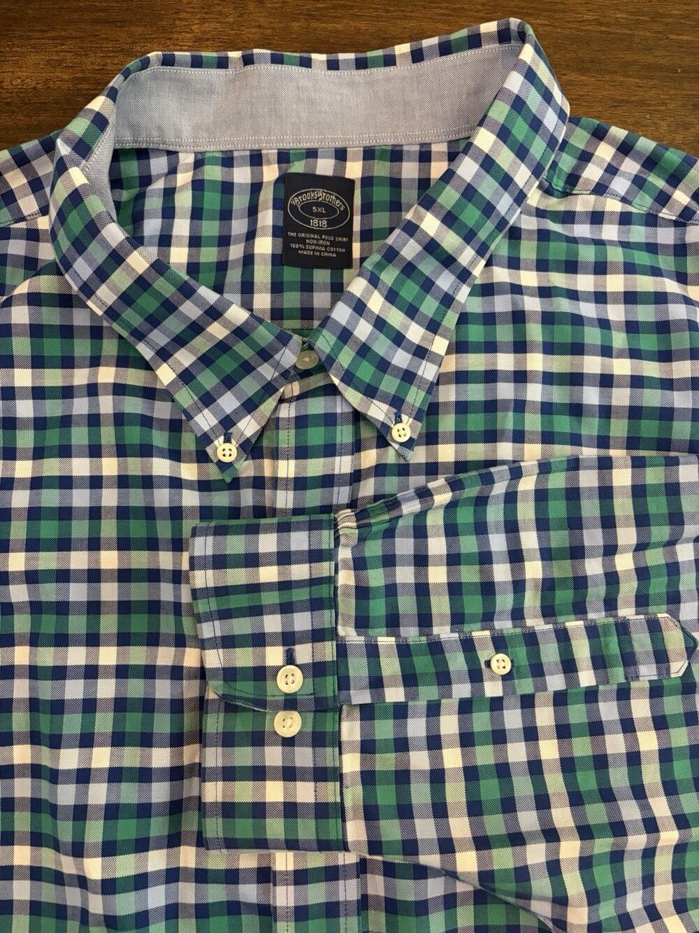 Brooks Brothers 1818 Long Sleeve Button Down Shirt Blue Green Check Men’s 5XL